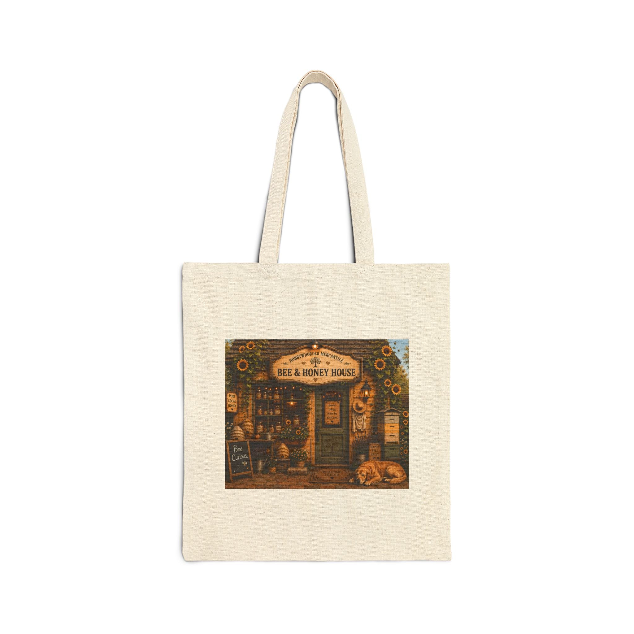 Tote Bag — Cozy Bookshop Illustration "Here & Honey Books" Canvas Tote