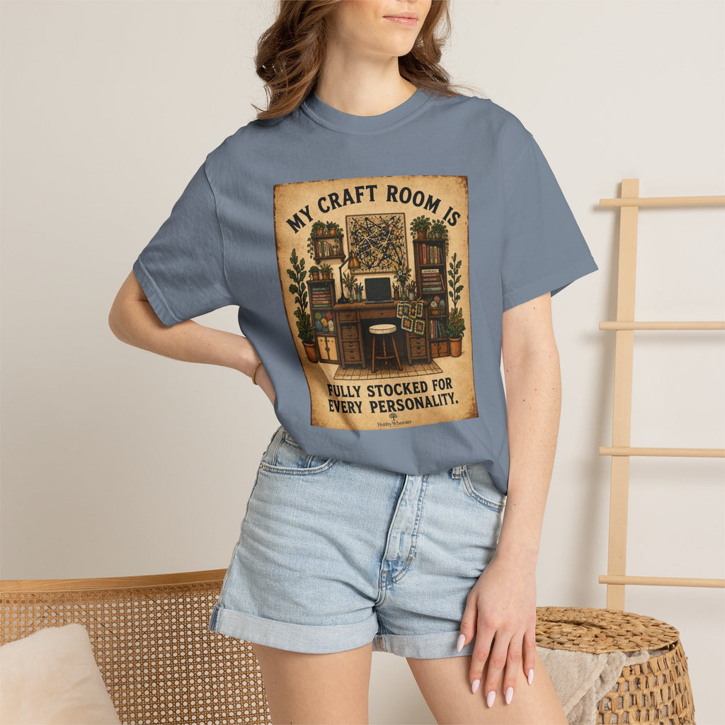 Craft Room T-Shirt — "My Craft Room Is Fully Stocked for Every Personality" Vintage Sewing & DIY Shirt