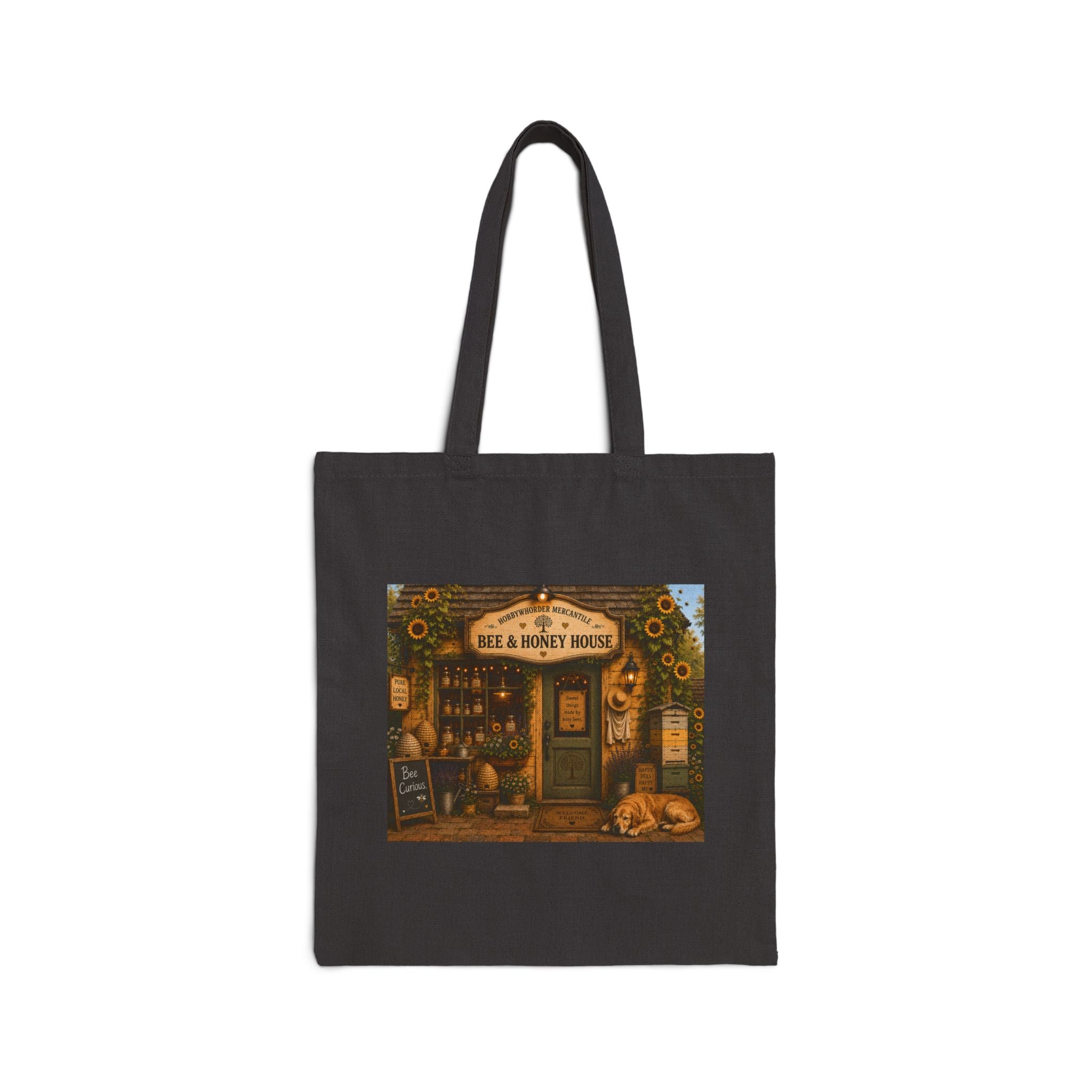 Tote Bag — Cozy Bookshop Illustration "Here & Honey Books" Canvas Tote
