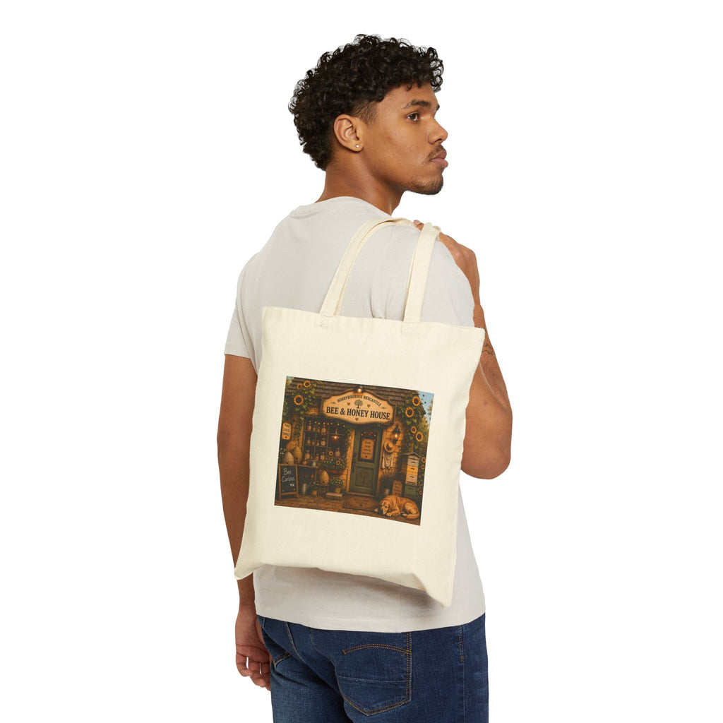 Tote Bag — Cozy Bookshop Illustration "Here & Honey Books" Canvas Tote