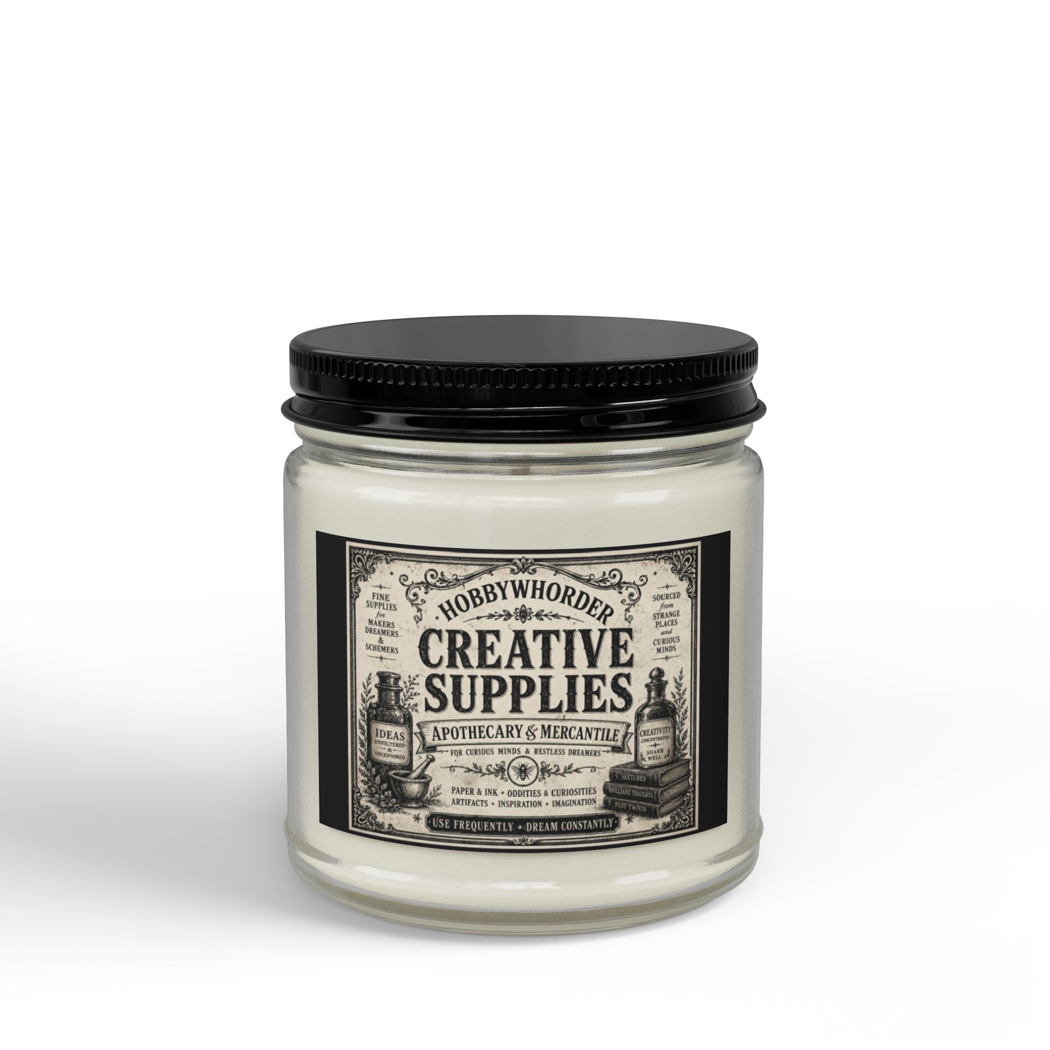 Vintage Apothecary Soy Candle (4oz & 9oz) — Creative Supplies Scented Jar with Black Lid