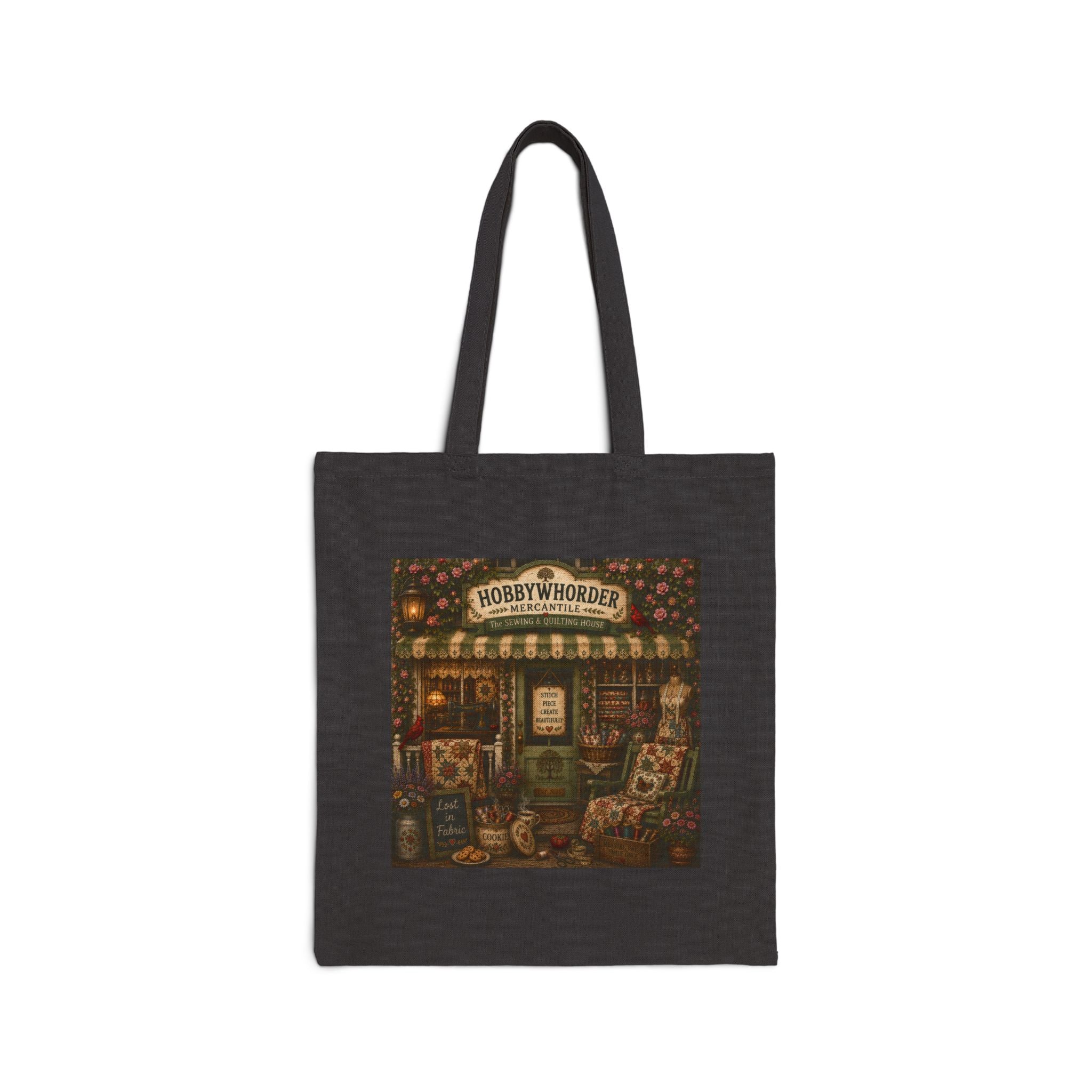 Vintage HobbyWhorder storefront-sewing and quilting house tote bag