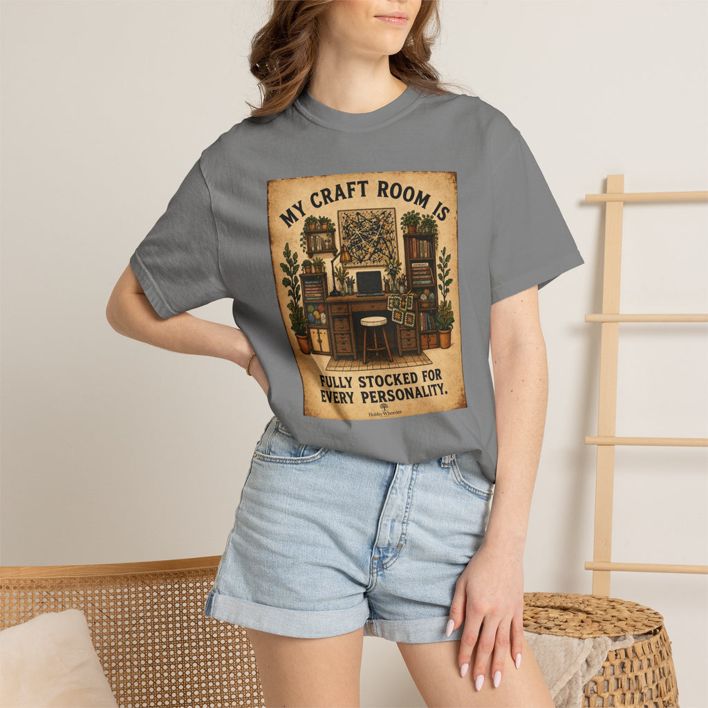 Craft Room T-Shirt — "My Craft Room Is Fully Stocked for Every Personality" Vintage Sewing & DIY Shirt