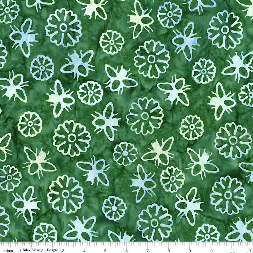 Expressions Batiks - Watercolor Daisies - Dark Vintage Green (3-Yard Pack)